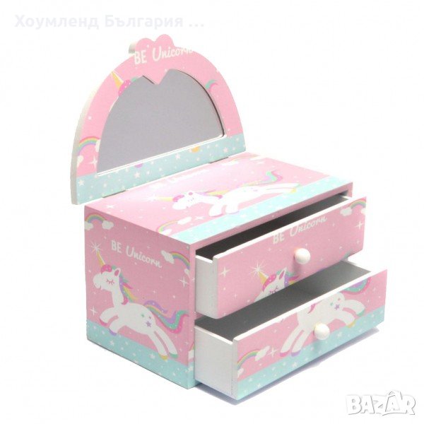 Дървена ракла кутия за бижута Еднорог с две чекмеджета и огледалце, снимка 1