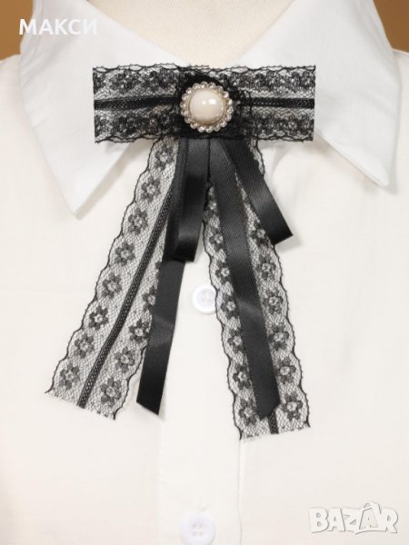 Стилен аксесоар/жалейка за ревер с перлена декорация с дантела и сатенена панделка в черно, снимка 1