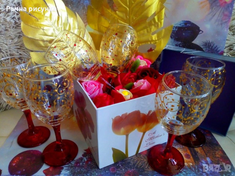 Голям подаръчен комплект-кутия с рози и 6 броя ръчно рисувани чаши, снимка 1