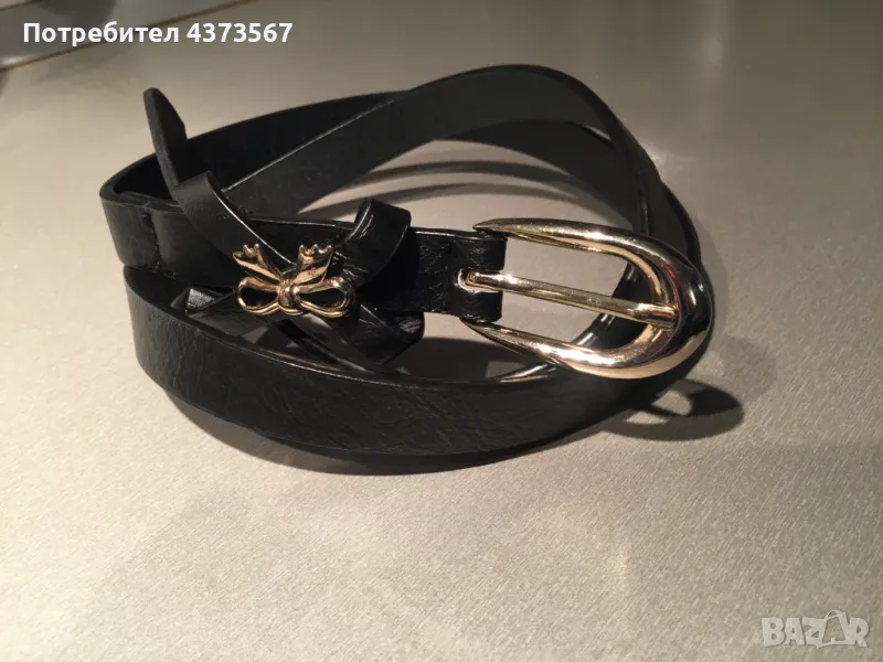 черен дамски колан от естествена кожа със златиста тока и златиста гайка с панделка , снимка 1