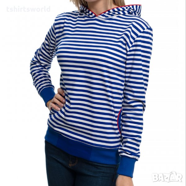 Нов дамски моряшки суичър на синьо/бяло райе, с качулка, снимка 1