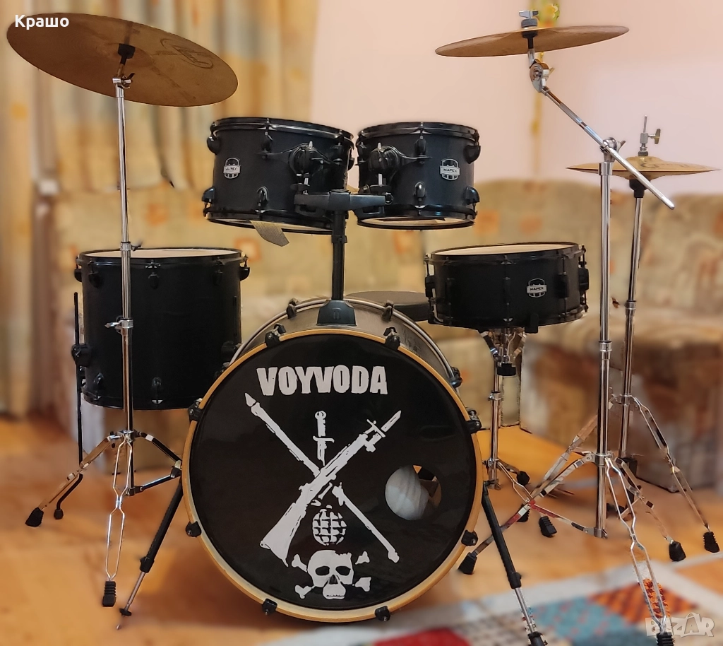 Пълен комплект барабани Mapex Mars, стойки Dixon и чинели, снимка 1