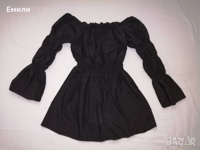 Дамска къса рокля с дълги буфан ръкави в черен цвят р-р S, снимка 11 - Рокли - 44863522