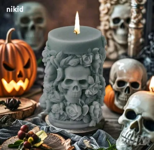 3d цилиндър череп с рози силиконов молд форма фондан шоколад свещ гипс смола декор, снимка 3 - Форми - 48606272