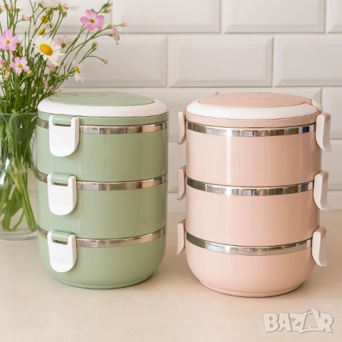 Кутия за храна от неръждаема стомана, 3 слоя, 16,5x20,5см, 2100мл, преносима, със сгъваеми дръжки