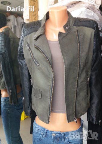 Дамско яке в зелен деним с черни кожени ръкави , снимка 6 - Якета - 39877591