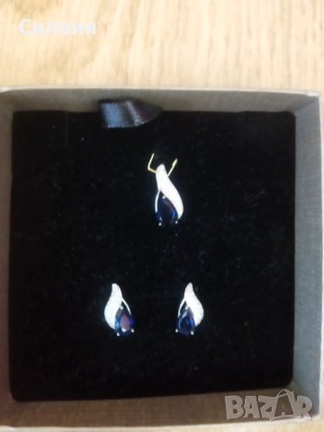 Сребърен комплект 925 обеци с висулка сапфир и цирконии , снимка 2 - Бижутерийни комплекти - 51623621