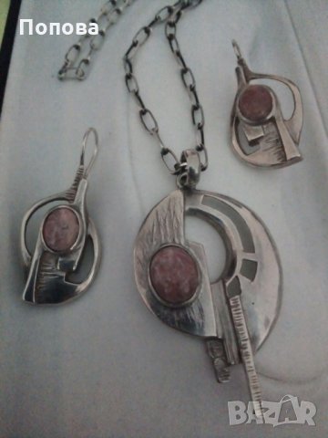 Авторски сребърен масивен комплект с естествен камък - 7/обеци и колие /