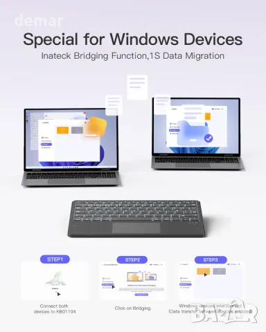 Клавиатура Inateck с тъчпад, AI функция, ултратънка Bluetooth за Windows/iPadOS/Android/iOS,KB01104, снимка 6 - Клавиатури и мишки - 49710754