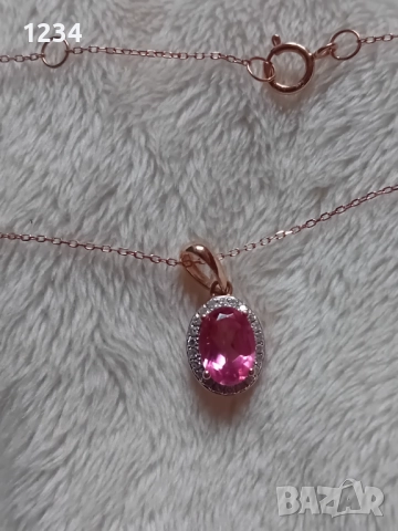 Фирмено розово злато колие с диаманти и розов топаз, снимка 2 - Колиета, медальони, синджири - 52855170