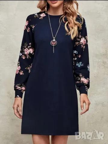 Тъмносиня ежедневна рокля с ръкави на цветя