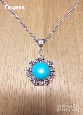 Прелестен филигранен медальон с голям Тюркоаз и орнаменти в цвят Антично сребро, снимка 5 - Колиета, медальони, синджири - 28762549