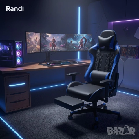 Геймърски стол за релакс с масаж и подложка за крака – син, снимка 10 - Столове - 53237765