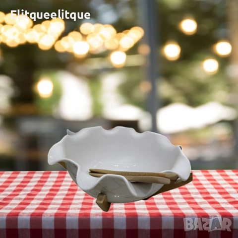 Керамична купа с дървена стойка и прибори за сервиране, снимка 3 - Декорация за дома - 52187177