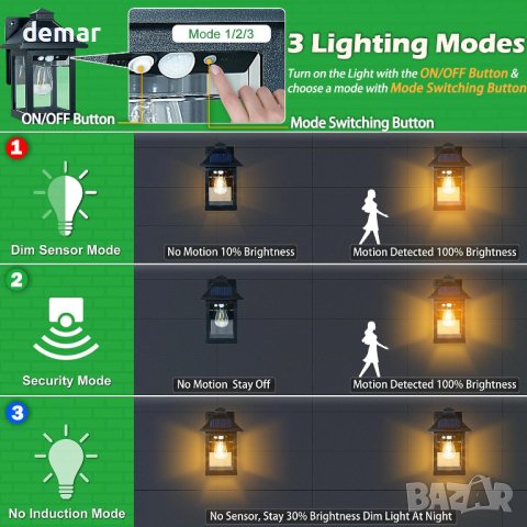 Соларна ретро стенна лампа Moman, сензор за движение, 3 режима, снимка 4 - Соларни лампи - 43778923