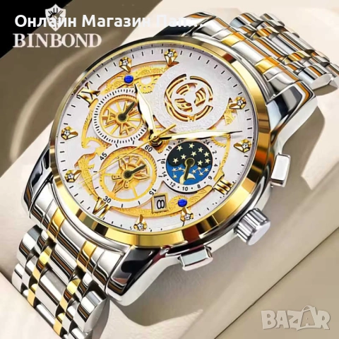 Мъжки кварцов часовник BINBOND 4010 – Златисто-сребрист дизайн с диамантени индекси и лунна фаза, снимка 2 - Мъжки - 52348897