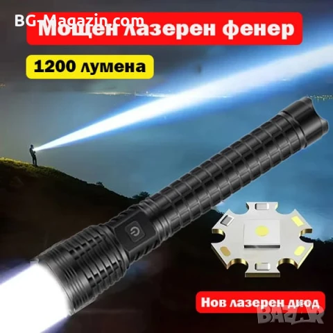 Мощен акумулаторен лазерен LED фенер прожектор Power Bank за лов риболов къмпинг туризъм аварии