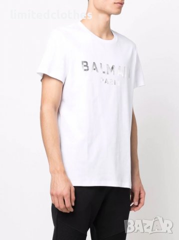 BALMAIN Silver Metallic Logo Print Мъжка Тениска size S и XXL