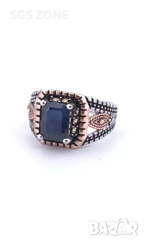 Мъжки сребърен пръстен със сапфир и марказити от Тайланд