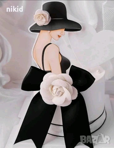 Жена Дама в черно със шапка и пандела пластмасов топер украса декор торта