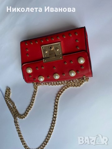 Червена чантичка с перли, снимка 6 - Чанти - 35192433