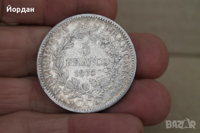 Сребърна монета ''5 Франка'' 1875-та година, снимка 2 - Нумизматика и бонистика - 47903263
