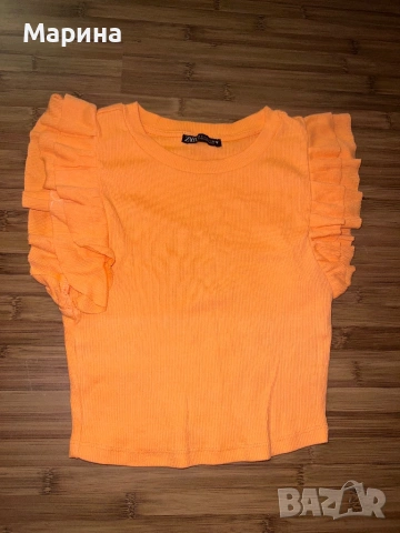 Оранжева блуза Zara за жени с волани