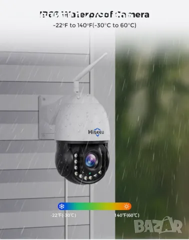 Безжична охранителна камера Hiseeu 30X оптично увеличение 3MP PTZ 250 фута HD цветно нощно ви, снимка 5 - IP камери - 48085494
