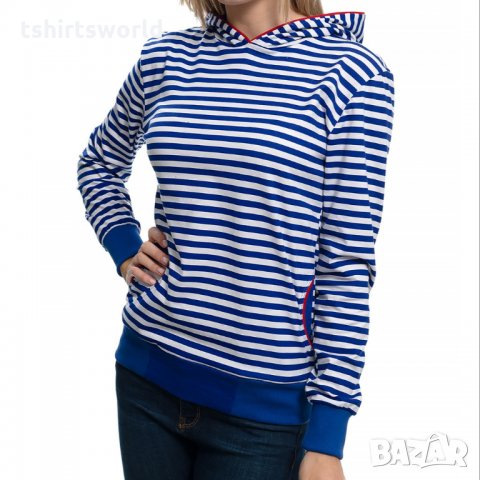 Нов дамски моряшки суичър на синьо/бяло райе, с качулка, снимка 1 - Суичъри - 27537051