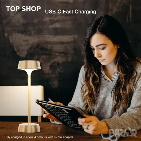 GOVSSING Настолна LED лампа 5200mAh акумулаторна, 3 цветни режима, димируема, таймер, златисто, снимка 3 - Настолни лампи - 49938004