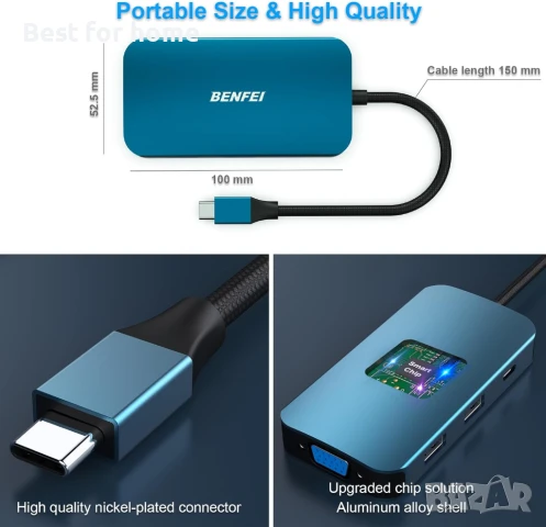  8-в-1 Докинг станция BENFEI USB C MST Hub, USB-C HUB с 2 x HDMI/1 x VGA/3 x USB 3.0/100W , снимка 6 - Мрежови адаптери - 51306597