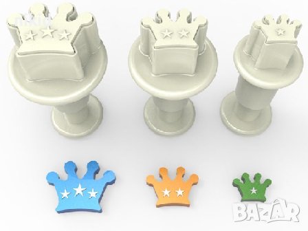 3 бр мини Корона Крал коронки пластмасови резци с бутало релефни форми фондан украса резец форма, снимка 2 - Форми - 24961758
