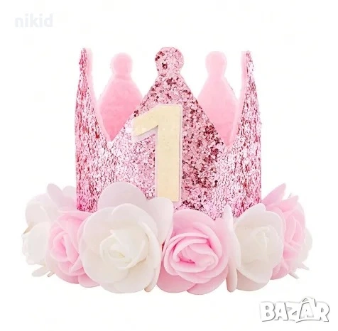 1 година годинка рожден ден бебе сребърна златна розова с цветя корона лента за глава парти от филц, снимка 8 - Шноли, диадеми, ленти - 25724787