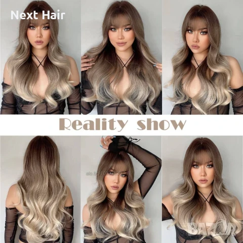 60 см Омбре чуплива перука два цвята кафяви корени и пепеляво руси краища с бретон, снимка 4 - Аксесоари за коса - 51086956