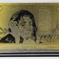 Златна банкнота 500 Френски франка в прозрачна стойка - Реплика, снимка 2 - Нумизматика и бонистика - 27080437