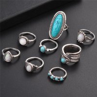 Комплект 8 пръстена с лунен камък (опал) и тюркоаз , снимка 2 - Пръстени - 34937595