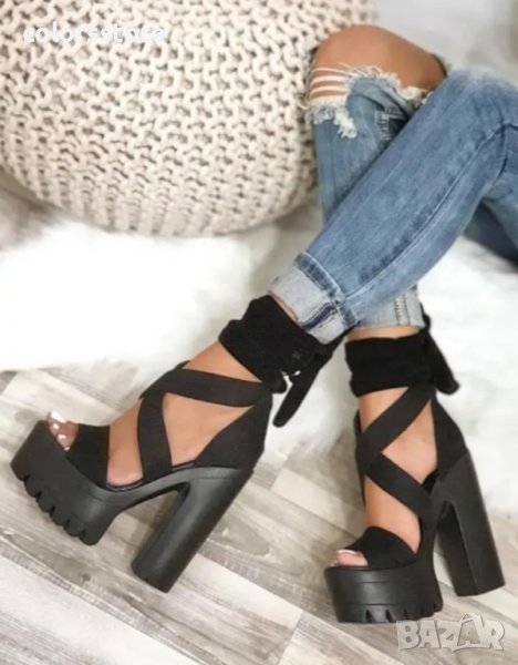 Сандали на ток - черен велур - 5090, снимка 1