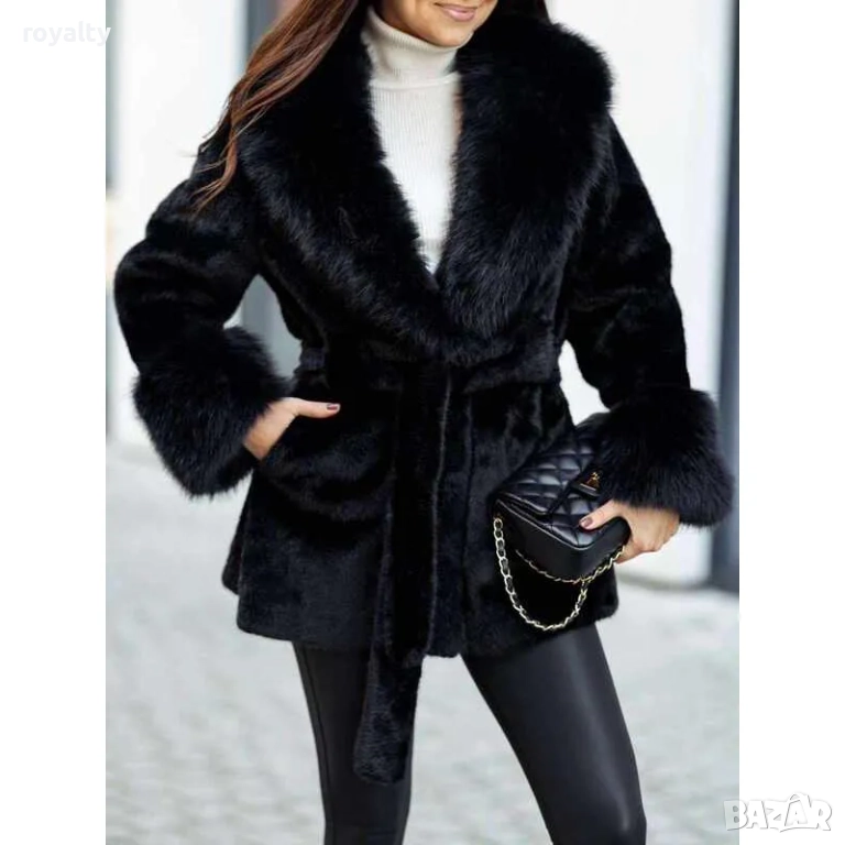 Дамско еко-палто с колан и шал яка, снимка 1