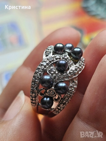 Сребърен пръстен с черни перли и кубични циркони , снимка 1