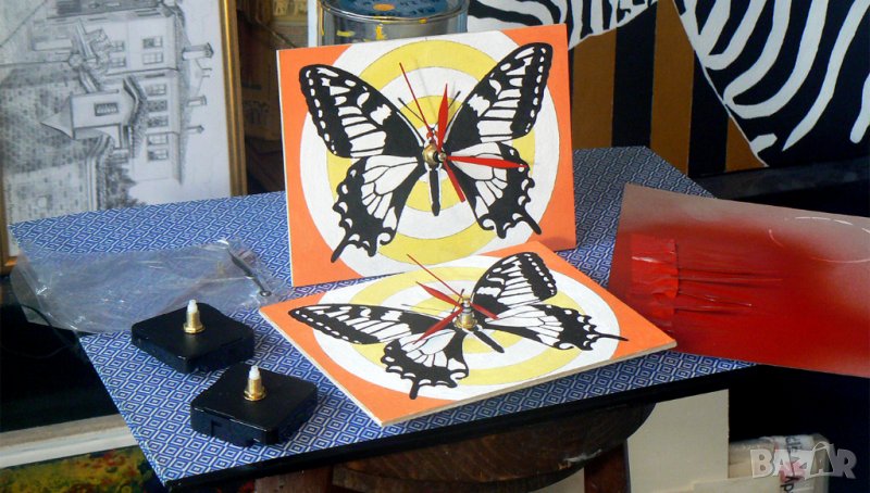 Хендмейд стенен часовник с пеперуда., снимка 1