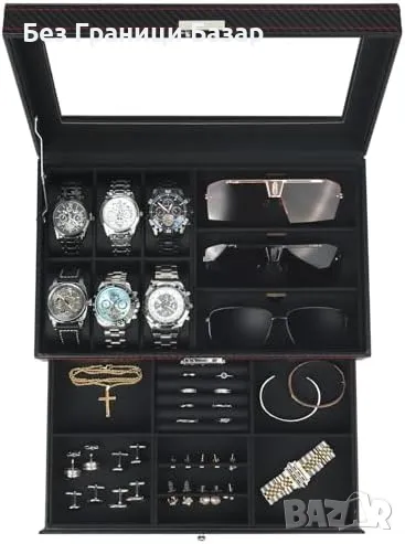 Нова Кутия за часовници и бижута – 6 слота, ключалка, стъклен капак, снимка 1