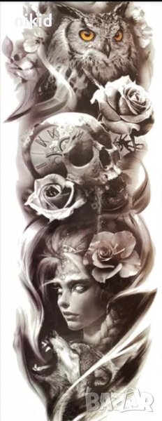 Ръкав Бухал череп рози жена вълк временна татуировка татос татус Tattoo, снимка 1