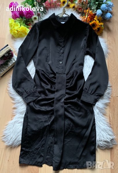 Черна сатенена рокля тип риза, снимка 1