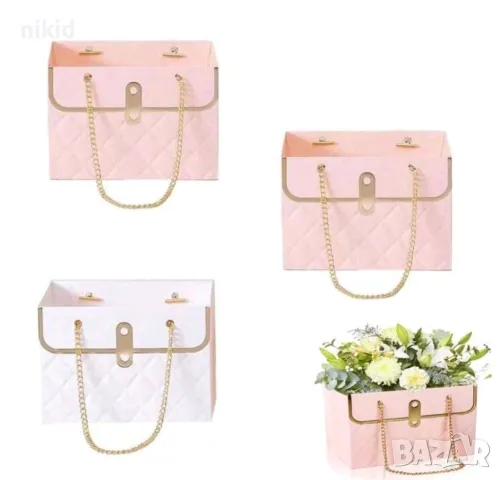 Подаръчна кутия тип дамска чанта за цветя картонена подарък аранжиране, снимка 3 - Други - 48170653