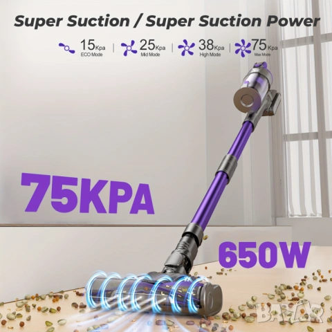 Безжична Вертикална Прахосмукачка - Yanhama H5 650W 75000Pa, 4-в-1 с 70 Мин Работа, LED!, снимка 2 - Прахосмукачки - 53250223