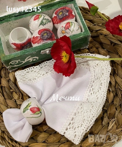Дървена кутия с 6 пръстена за салфетки с макове и маргаритки !, снимка 6 - Декорация за дома - 53061712