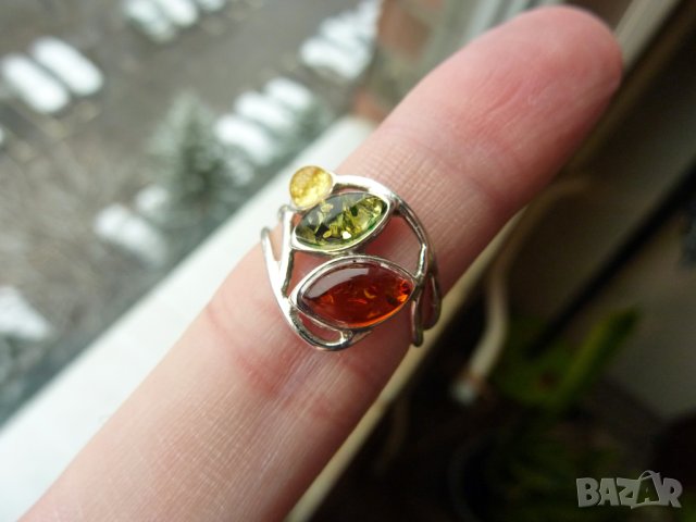 Сребърни пръстени с балтийски кехлибар. 3 камъка халка, снимка 2 - Пръстени - 43435343