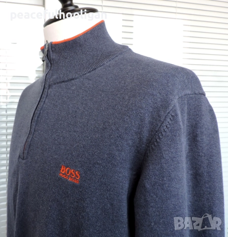 Hugo Boss Mens Navy Blue 1/4 Zip Long Sleeve Cotton Jumper Pullover Size XL /XXL, снимка 5 - Пуловери - 52949296