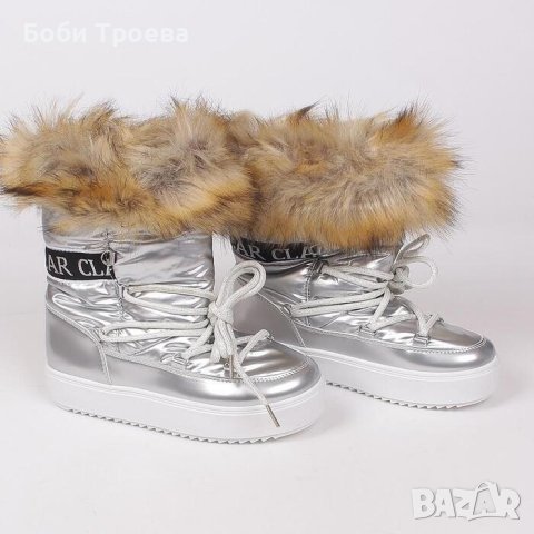 Дамски зимни апрески в сребристо сив цвят, с бежово пухче от еко-косъм в горната част, снимка 2 - Дамски апрески - 43621872