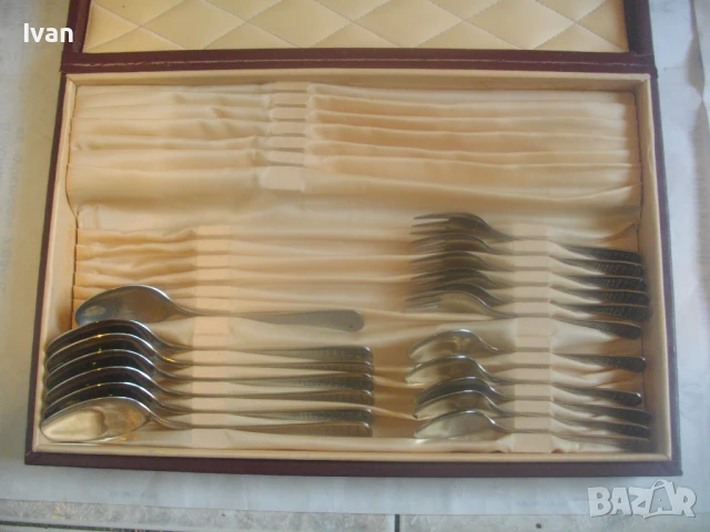 НОВ КОМПЛЕКТ ПЕРЛА 18 БРОЯ БЪЛГАРСКИ СОЦ ВИНТИДЖ 1970-ТЕ ГОДИНИ ПРИБОРИ ЗА ХРАНЕНЕ КОЖЕН КУФАР ЛУКС, снимка 17 - Прибори за хранене, готвене и сервиране - 50991960